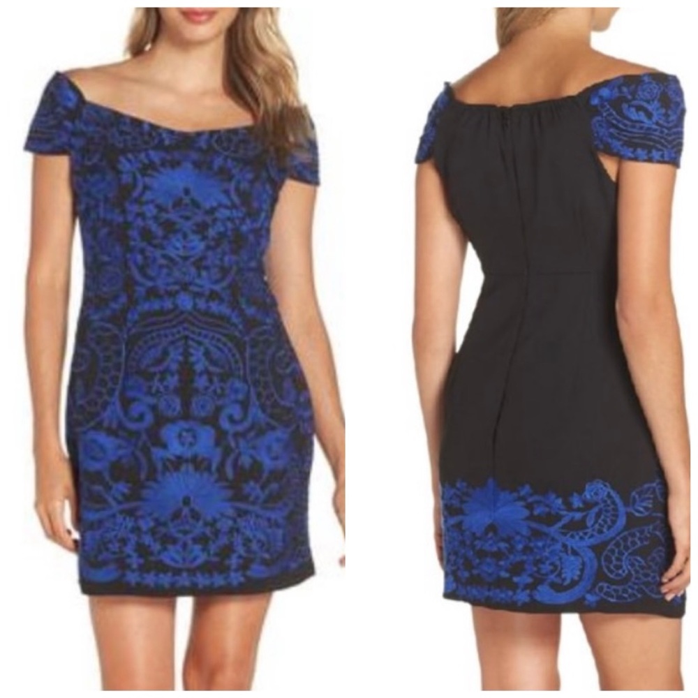 FOXIEDOX Anthro Betina Embroidered Bodycon Dress Blue & Black 8 NWT